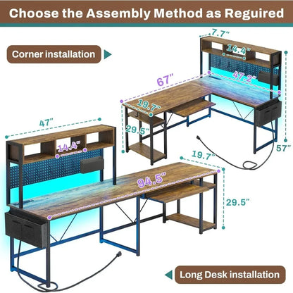 L Shaped Computer Desk, with Power Outlet and Pegboard, with Led Lights, Keyboard Tray, Storage Shelves, Computer Desk