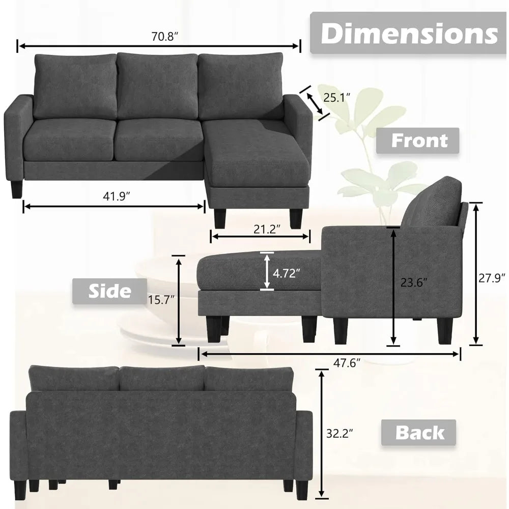 Convertible Sectional 3 L-Shaped Couch Soft Seat with Modern Linen Fabric, Small Space Sofas for Living Room