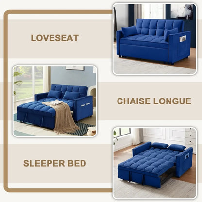 Sofa Bed Convertible 3-in-1 Multi-Functional Velvet Pull-Out Sofa Bed, 55'' Loveseat Adjustable Backrest and Pillows, Blue Couch