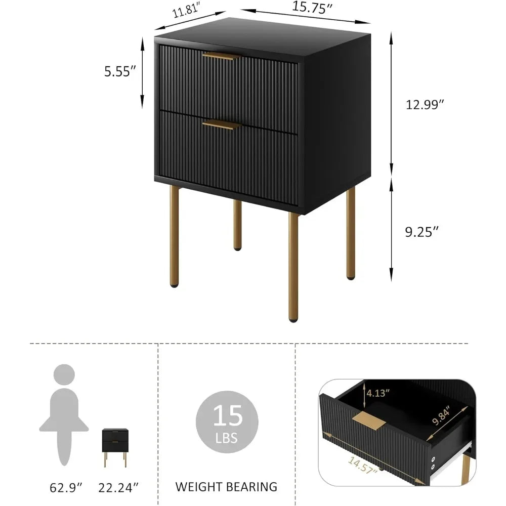 Table de chevet, petite table de chevet avec cadre doré, table de chevet noire, meuble de chevet, table d'appoint avec deux tiroirs, commode à tiroirs