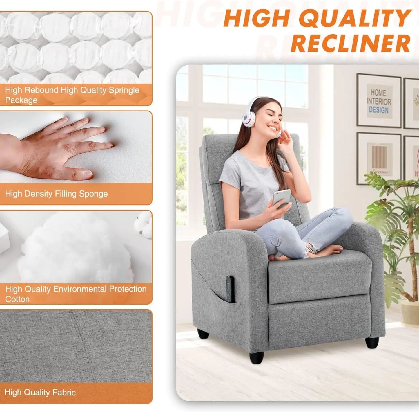 Fauteuil inclinable pour adultes, petit fauteuil inclinable en tissu de massage, siège de cinéma maison avec support lombaire, chaise moderne réglable