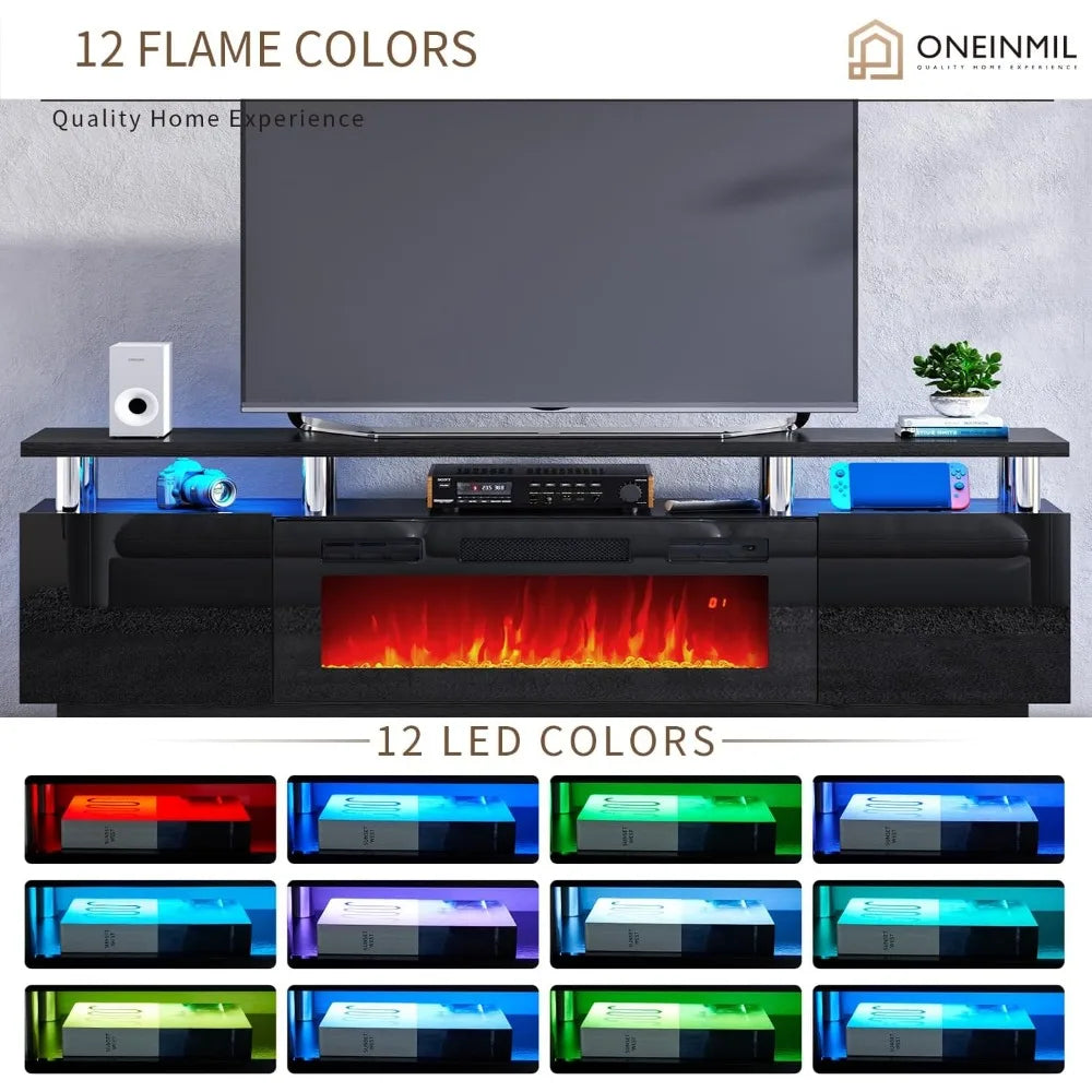 Soporte de TV con chimenea eléctrica de 36", centro de entretenimiento con luz LED, consola de TV de 2 niveles para televisores de hasta 80", chimenea