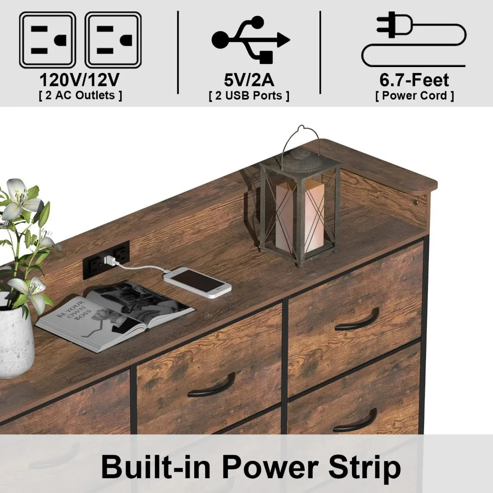 Commode blanche avec éclairage LED pour chambre à coucher Commode à 9 tiroirs avec station de charge Commode à tiroirs Cadre en acier Plateau en bois