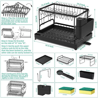 XLMYS Dish Drying Rack, 2 Tier Large  Drying Rack for Kitchen Counter with Drainboard Stainless Steel  Drainer for