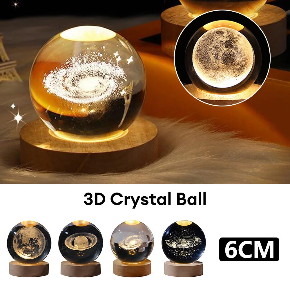 Veilleuse LED USB en forme de boule de cristal galaxie, lampe de table 3D en forme de planète et de lune, décoration de chambre à coucher pour fête d'enfants, cadeaux d'anniversaire