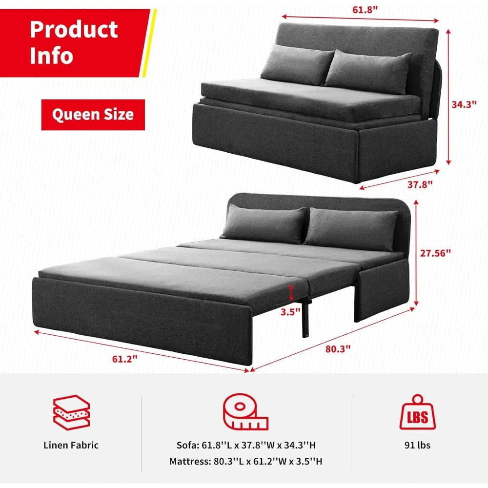 Sofá cama Queen plegable, convertible de lino con colchón convertible, sofá cama doble plegable con 2 cojines, sofá cama