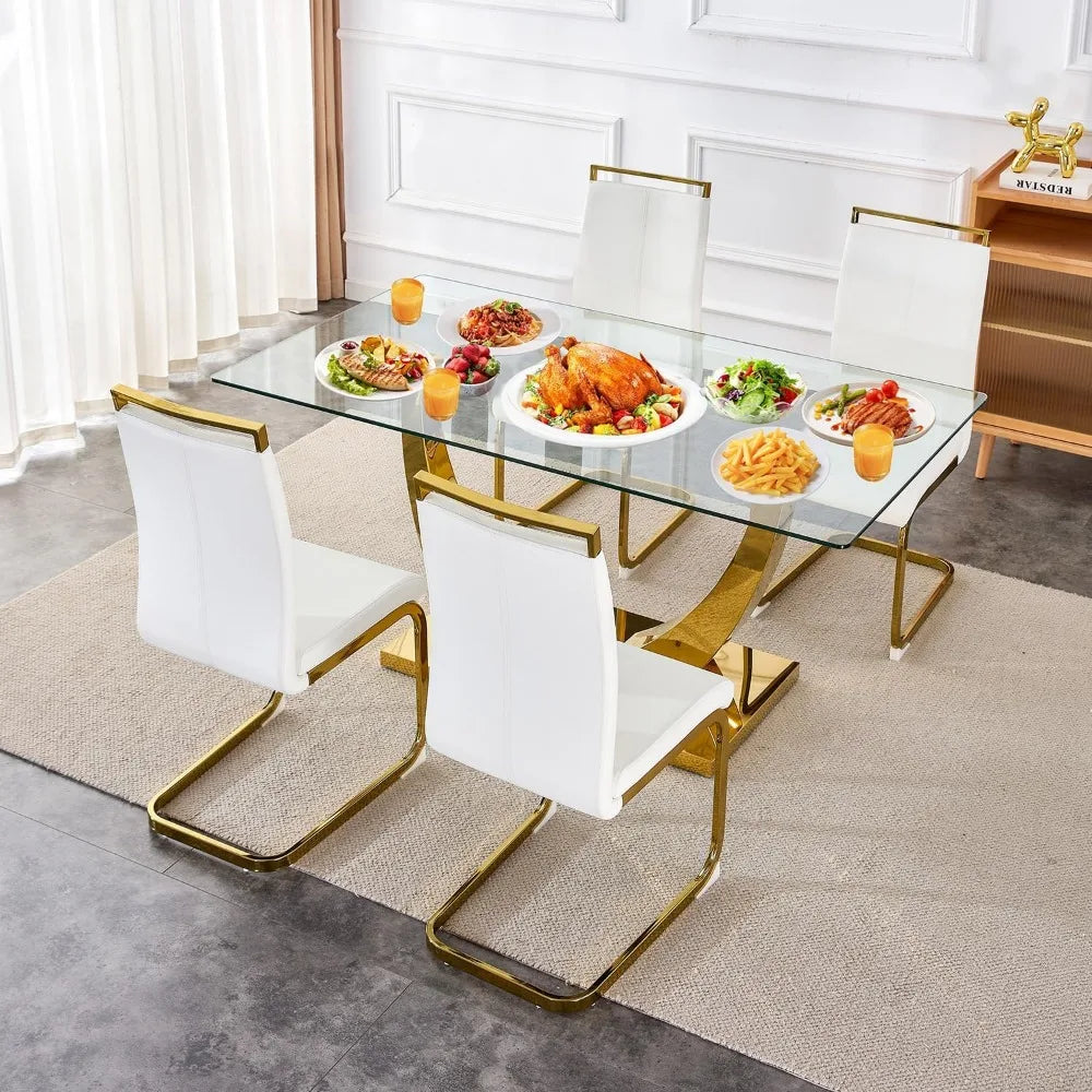 Mesa de comedor, mesa de cocina moderna y sillas de cuero para 4, mesa de comedor con tapa rectangular de vidrio templado y base dorada