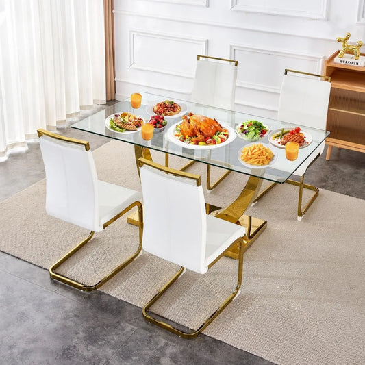 Table de salle à manger, table de cuisine moderne et chaises en cuir pour 4 personnes, table à manger avec plateau en verre trempé rectangulaire et base dorée