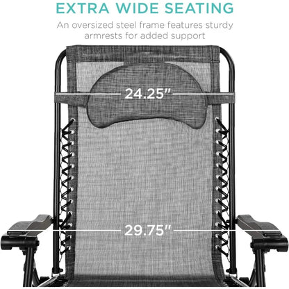 Oversized Zero Gravity Chair, Folding Outdoor Patio Lounge Recliner w/Cup Holder Accessory Tray and Removable Pillow