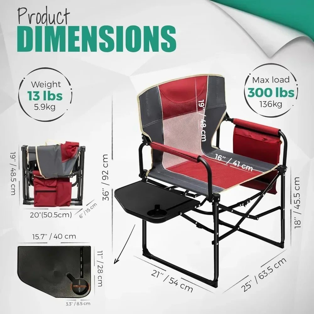 Chaise de directeur de camping, chaise pliante portable surdimensionnée et robuste avec table d'appoint, poche pour plage, pêche, voyage, pique-nique