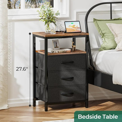 Nightstand with Charging Station, 27.6 Inch Side Table with Fabric Drawers, End Table Bedside Table with USB Ports and Outlets