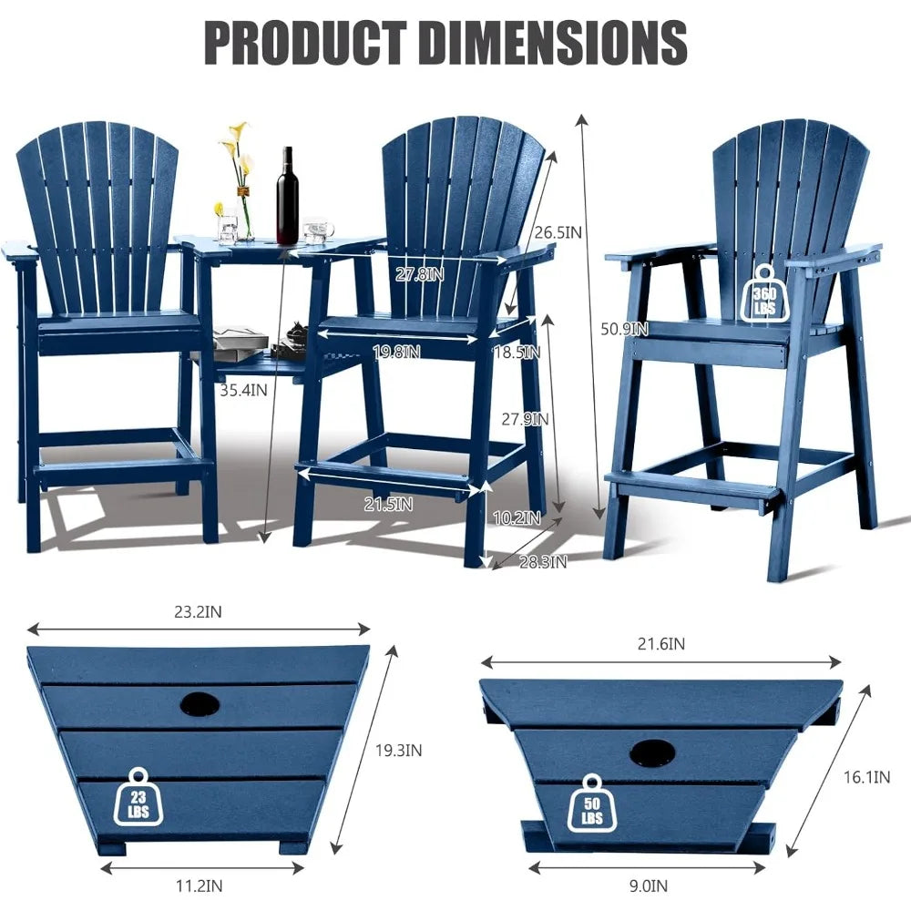 Tall Chairs Set of 2，Recycled Poly Balcony Chair with Double Connecting Tray Patio Stools Weather Resistant, Outdoor chair