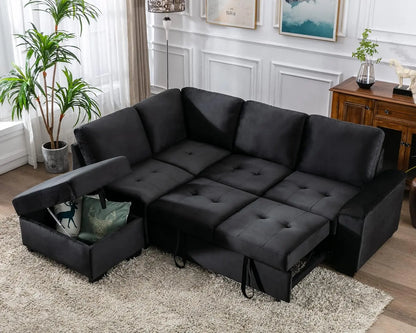 Sleeper Sectional Sofa Bed with Storage Ottoman & Hidden Arm Storage, Sectional Corner Couch Sofa-Bed for Living Room