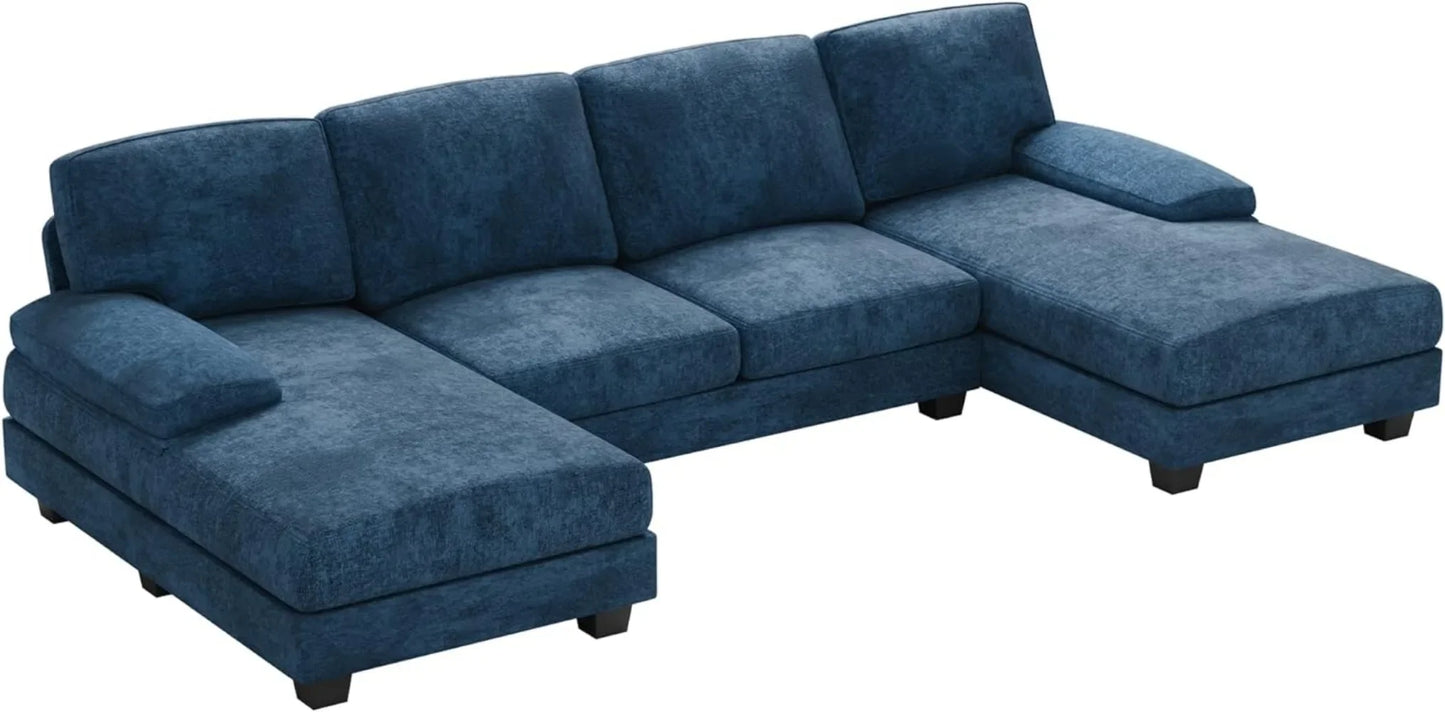 Living Sectional Sofas Couch,Fabric Modular Sofa Sleeper Chaise Memory Foam Blue 4 Seat Sofa Set for Living Room U-Shaped