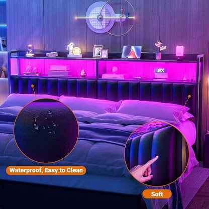 Tête de lit pour cadre de lit King Size, têtes de lit rembourrées avec prises, ports USB et lumière LED, tête de lit en cuir avec rangement