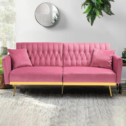 70in Velvet Futon Sofa Bed W/Adjustable Backrests and Armrests, Convertible Futon Couch with Two Pillows, Tufted Sleeper Bed