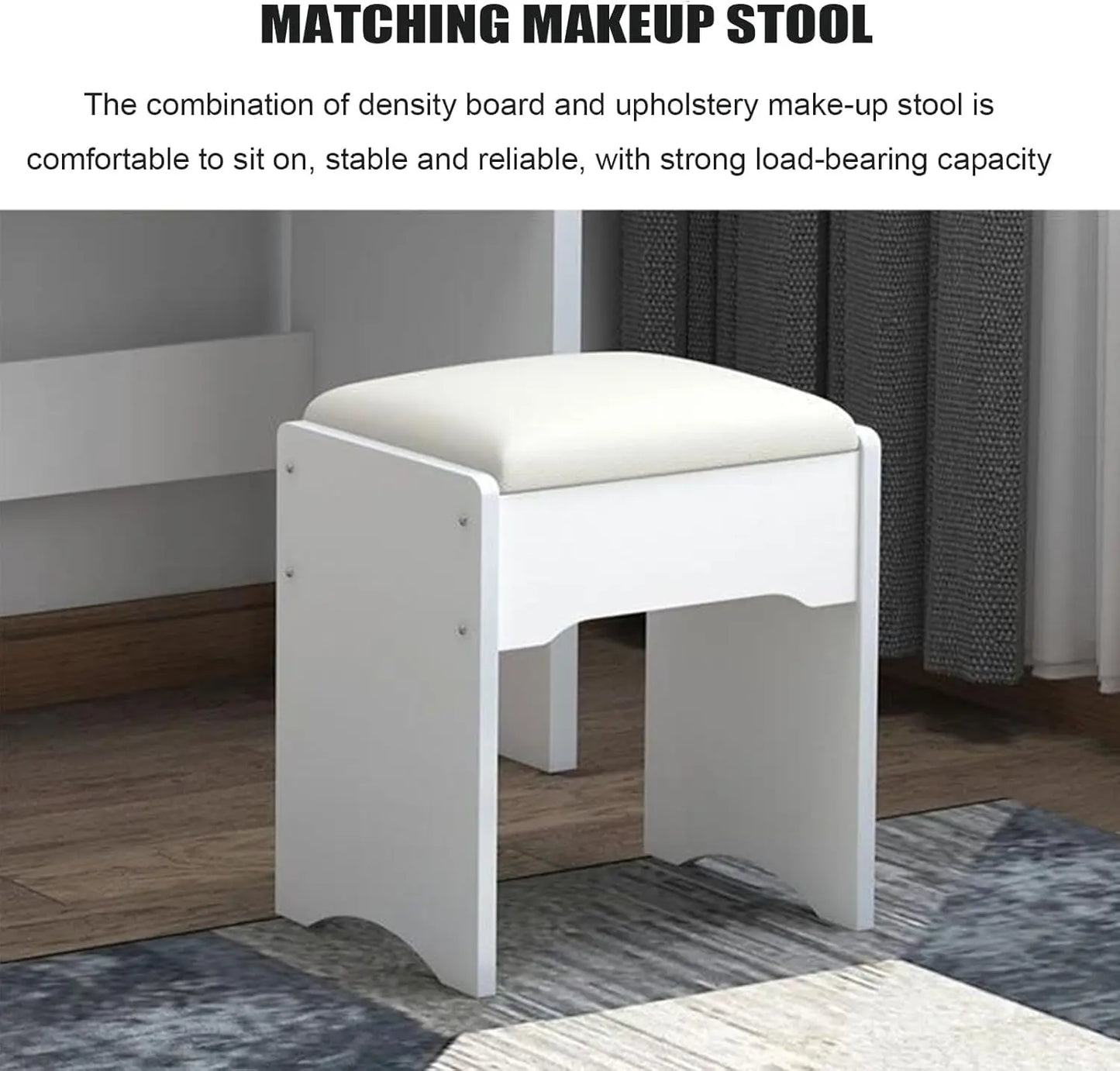 Coiffeuse, table de maquillage avec miroir, tabouret, unité de rangement à 4 tiroirs et 3 étagères, coiffeuse blanche pour meubles de chambre à coucher