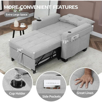 Sofa bed with convertible three in one USB port pull-out bed, living room armchair bed (light gray linen)