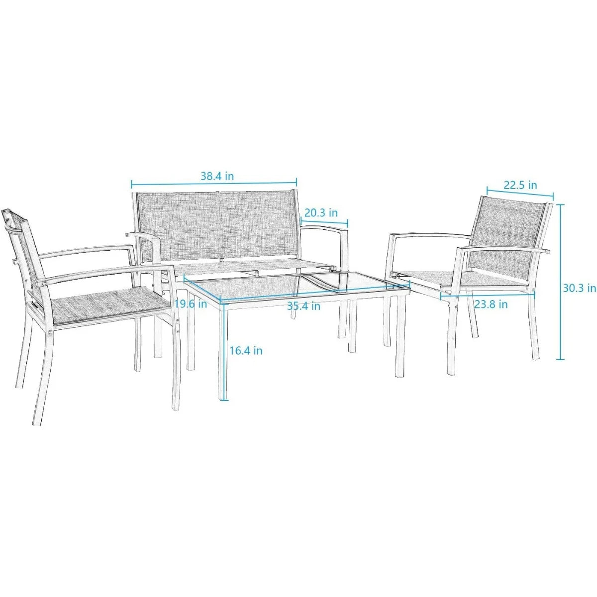 4 Pieces Outdoor Patio Furniture Conversation Glass Coffee Table Bistro Set with Loveseat Garden Yard Lawn and Balcony