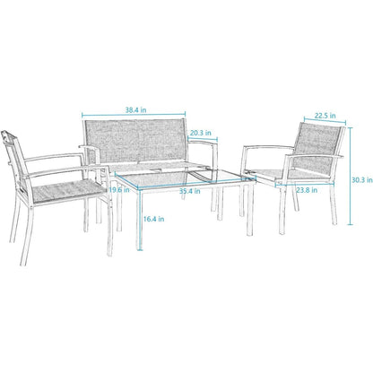 Ensemble de 4 meubles de patio extérieur avec table basse en verre et causeuse pour jardin, cour, pelouse et balcon