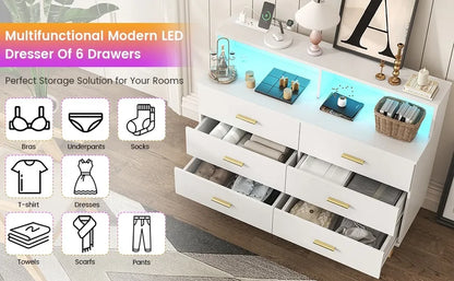 6 Drawer Dresser for Bedroom, Chest of Drawers with LED Light and Power Outlet, Tall Wide Dresser for Organizer Cabinet Bedroom