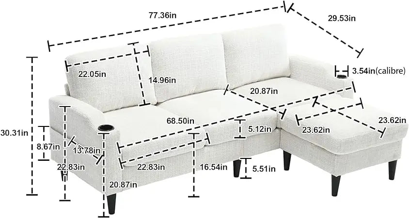 Sofá modular seccional en forma de L de chenilla, cómodo sofá Cloud de 3 plazas con otomana/chaise longue y 5 almohadas para sala de estar y dormitorio