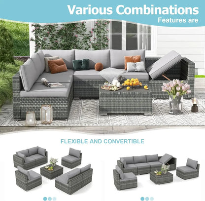 7/8/15pc High Back Outdoor Furniture Set,PE Rattan Sectional Sofa,Wicker Patio Conversation Set w/Cushion & Glass/Fire Pit Table