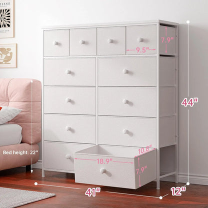 12-Drawer Dresser with Wooden Top and Metal Frame, Tall Chest of Drawers for Closet, Nursery, Girls Bedroom,