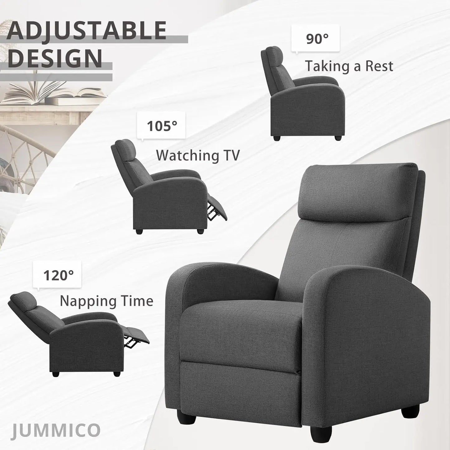 JUMMICO Fauteuil inclinable réglable Home Cinéma Canapé inclinable simple en tissu Meubles avec coussin de siège épais et dossier Moderne