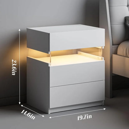 Juego de dos mesitas de noche con luz LED, mesita de noche, dormitorio, sala de estar, mesitas de noche con luz LED blanca