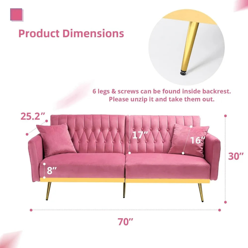 70in Velvet Futon Sofa Bed W/Adjustable Backrests and Armrests, Convertible Futon Couch with Two Pillows, Tufted Sleeper Bed