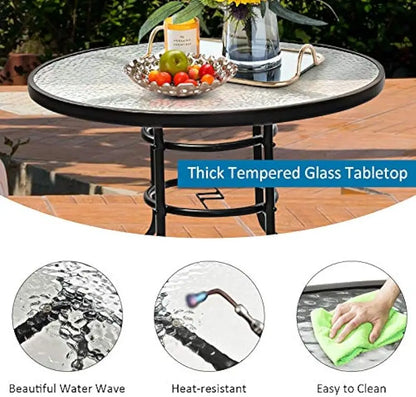 32'' Patio Table with Umbrella Hole, Outdoor Bistro Table w/Tempered Glass Top & Sturdy Metal Frame, Round Patio Dining Table