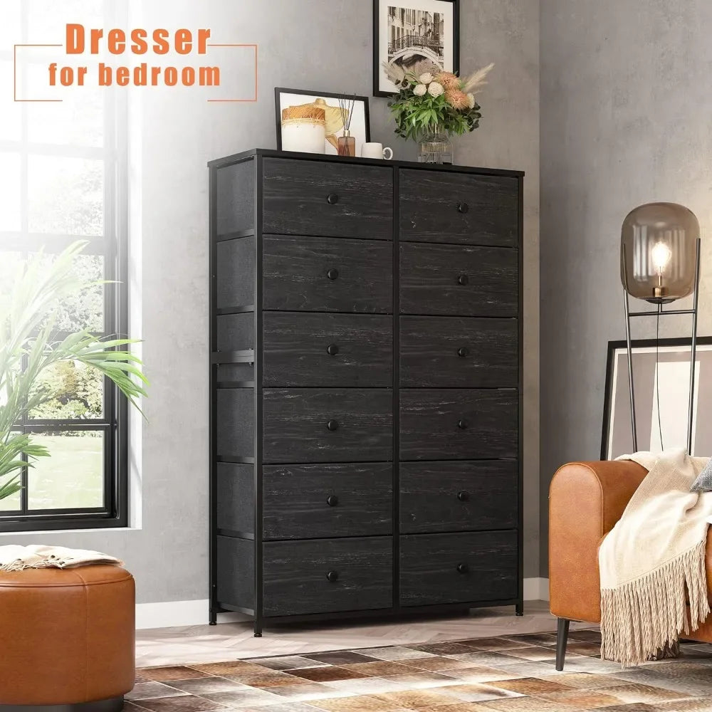 Dresser for Bedroom with 12 Drawers Tall Dressers & Chests of Drawers for Bedroom Dresser for Closet Wooden Top & Metal Frame