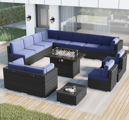 Juego de muebles de patio de 8 piezas con mesa para fogata a gas propano de 44", juego de sofá de mimbre y ratán y mesa de centro Rattan Möbel