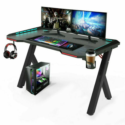 Gaming Desk PC Computer Gamer Desk Ergonomic Workstation with RGB LED Lights Headphone Hook Cup Holder for Home Offices