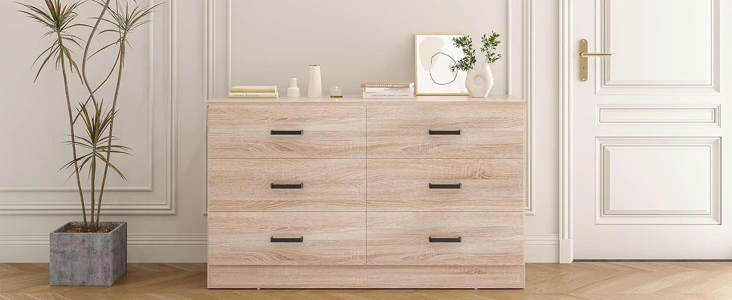 Wood Dresser for Bedroom, 6 Drawer Double Dresser with Metal Handles, 15.8" D x 47.2" W x 27.7" H, Light Oak