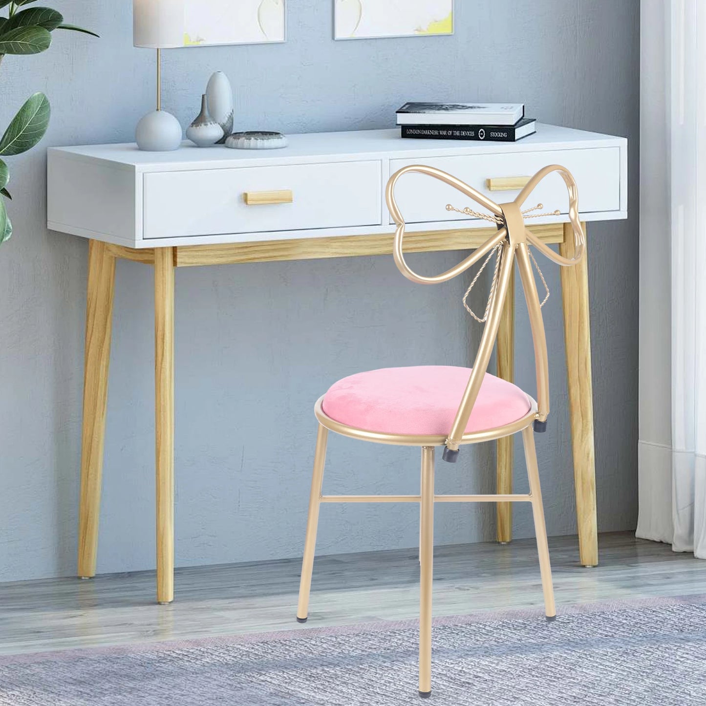 Chaise de tabouret de vanité pour le maquillage Chaise d'appoint moderne en velours papillon Chaise rose mignonne pour filles Chaise à dossier avec nœud papillon Décoration de chambre à coucher pour la maison