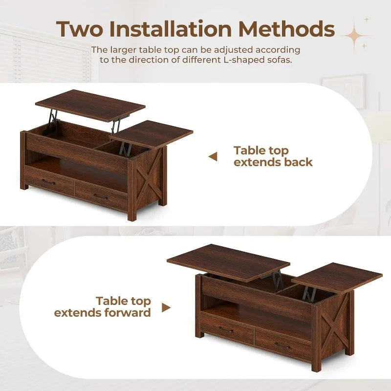 Table basse à plateau relevable de 47,2 po avec 2 tiroirs de rangement et compartiment caché, table centrale de ferme avec plateau relevable en bois