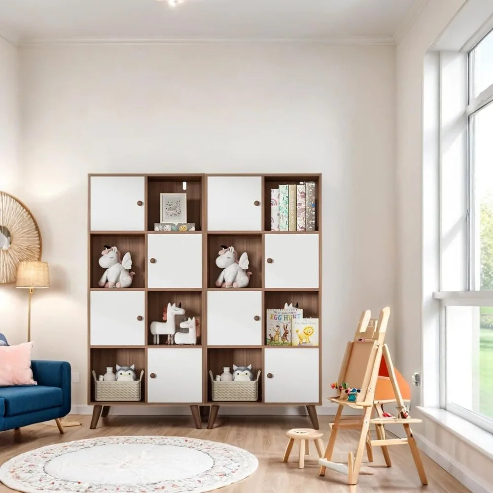 Brown and White 8 Cube Organizer Set of 2, Wooden 16 Cubby Display Bookcase, 4-Tier bookshelf with Doors, Storage Cabinet