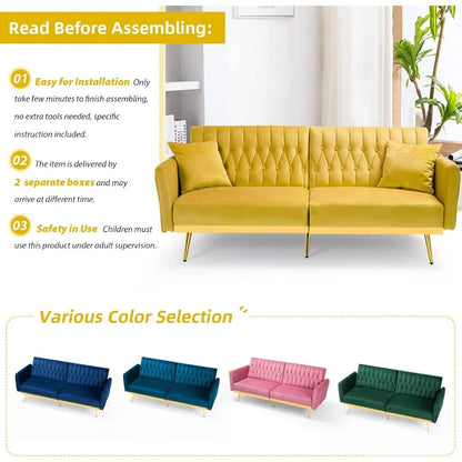 70in Velvet Futon Sofa Bed W/Adjustable Backrests and Armrests, Convertible Futon Couch with Two Pillows, Tufted Sleeper Bed