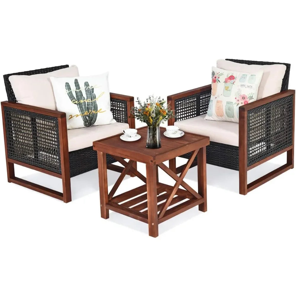 3 Pieces Patio Wicker Furniture Set, Rattan Outdoor Sofa Set w/Washable Cushion & Acacia Wood Coffee Table, for Garden Backyard