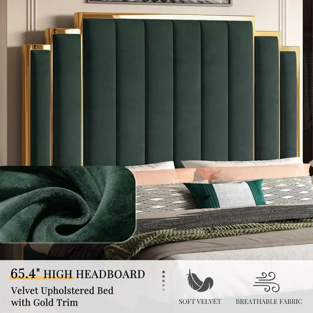 King Size Platform Bed Frame, 65" Velvet Upholstered Bed with Gold Trim Headboard/Wooden Slats/No Box Spring Needed/Green