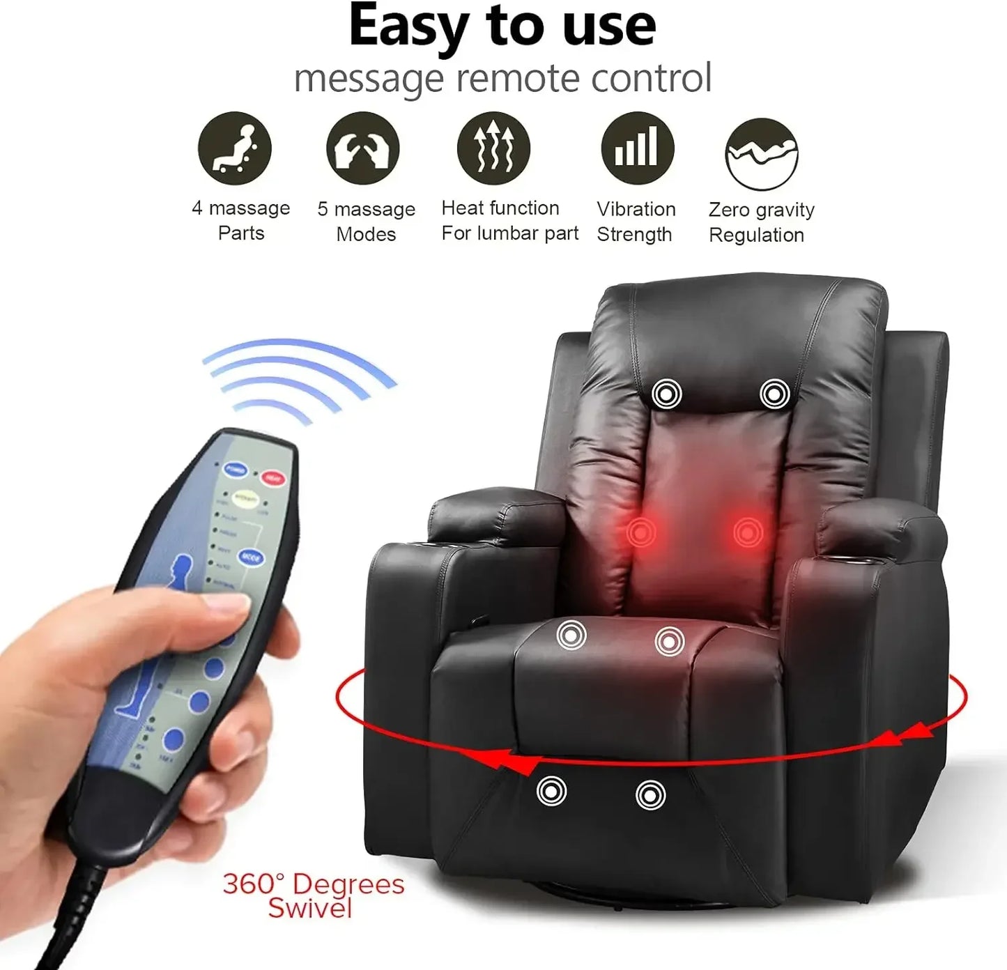 Suministros de muebles COMHOMA Sillón reclinable de cuero mecedora con masaje calefaccionado Asiento de sofá individual giratorio de 360 ​​grados