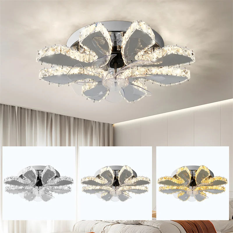 Ventilateur de plafond en cristal de luxe en acier inoxydable, lustre à LED, lampes de ventilateur de plafond chromées, luminaire de salle à manger