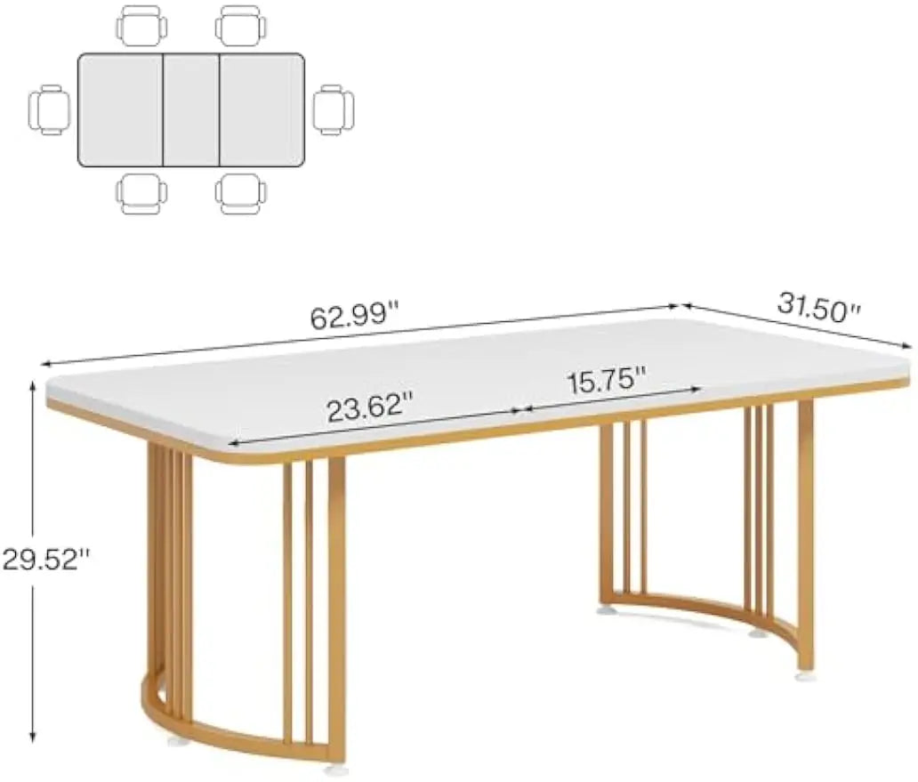 Mesa de comedor moderna para 4-6 personas, mesa de cocina rectangular blanca de 63 pulgadas, mesa de comedor con marco de metal