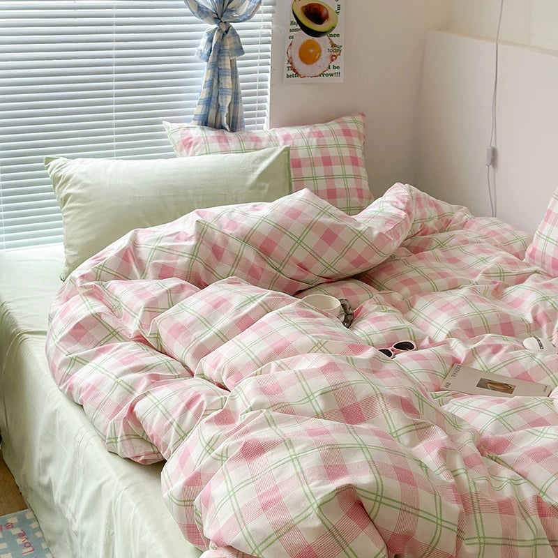 Classic Pink Green Grid Bedding Set Fashion Single Double Bed Linens Cover Quilt Pillowcase for Girl Boy Home Textile