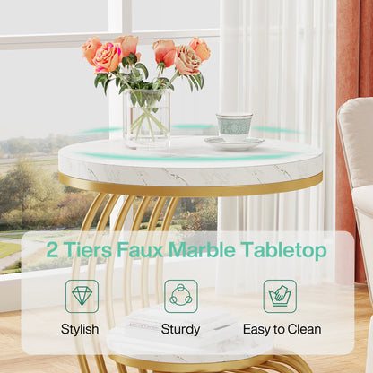 Tribesigns Gold Round End Table: 2 Tiers Faux Marble Side Table with Storage Shelf, Modern White Gold Bedside Nightstand