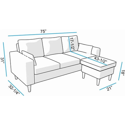 Convertible Sectional Sofa, 3 Seater with Ottoman Footstool, 3 Seater L Shape Sofas Set, Fabric Corner Sofa