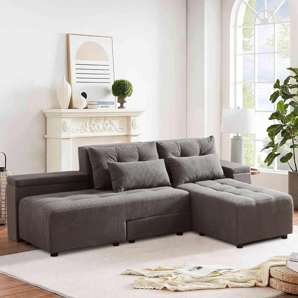 Convertible Sectional Sofa, L-Shaped Sofas with 4 Storage Space, Pull-Out Sofa Bed with 4 Pillows, Convertible Sectional Sofa