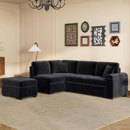 Sleeper Sectional Sofa Bed with Storage Ottoman & Hidden Arm Storage, Sectional Corner Couch Sofa-Bed for Living Room